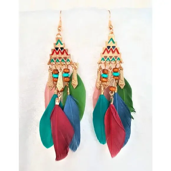 Equator Breeze Multicolor Feather Aztec Pyramid Earrings - Picture 1 of 5